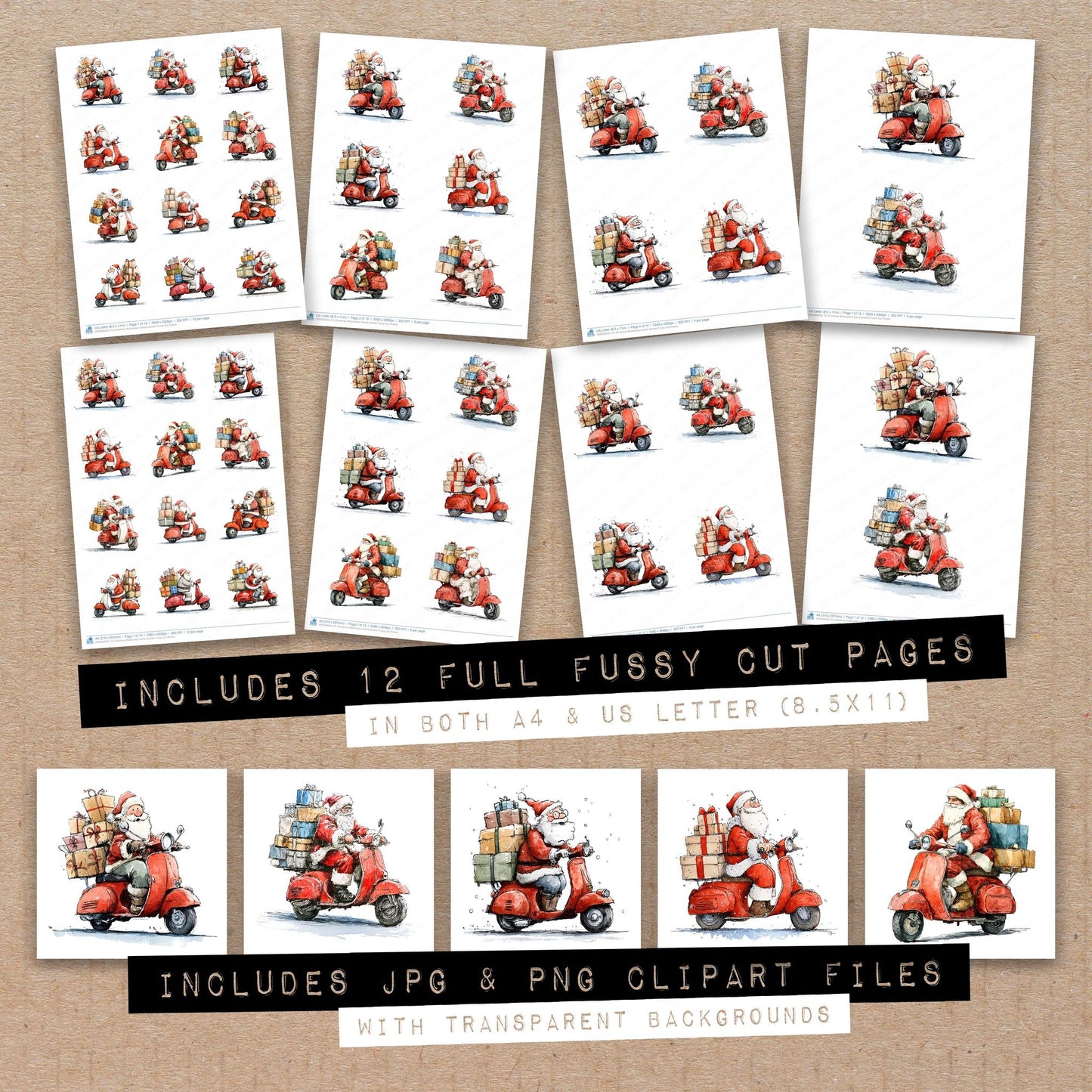 Full collection view of Christmas Watercolour Santa Scooter fussy cut sheets with bonus clipart JPG and PNG files