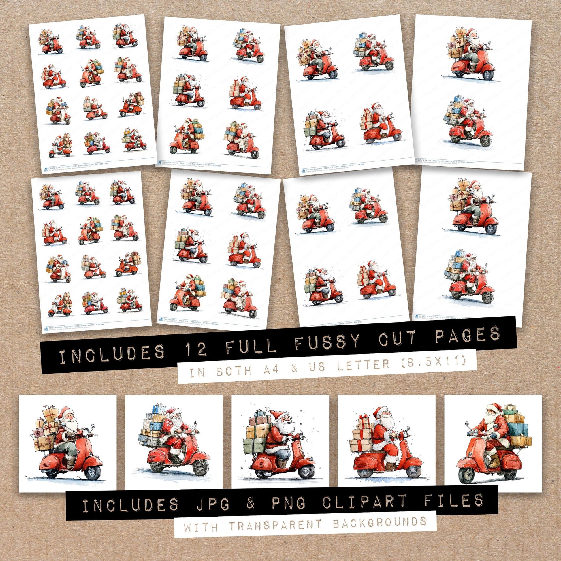 Full collection view of Christmas Watercolour Santa Scooter fussy cut sheets with bonus clipart JPG and PNG files