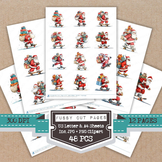 Christmas Watercolour Santa Skateboard Fussy Cut Sheets (DDD009334)