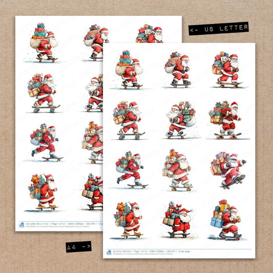 Christmas Watercolour Santa Skateboard Fussy Cut Sheets (DDD009334)
