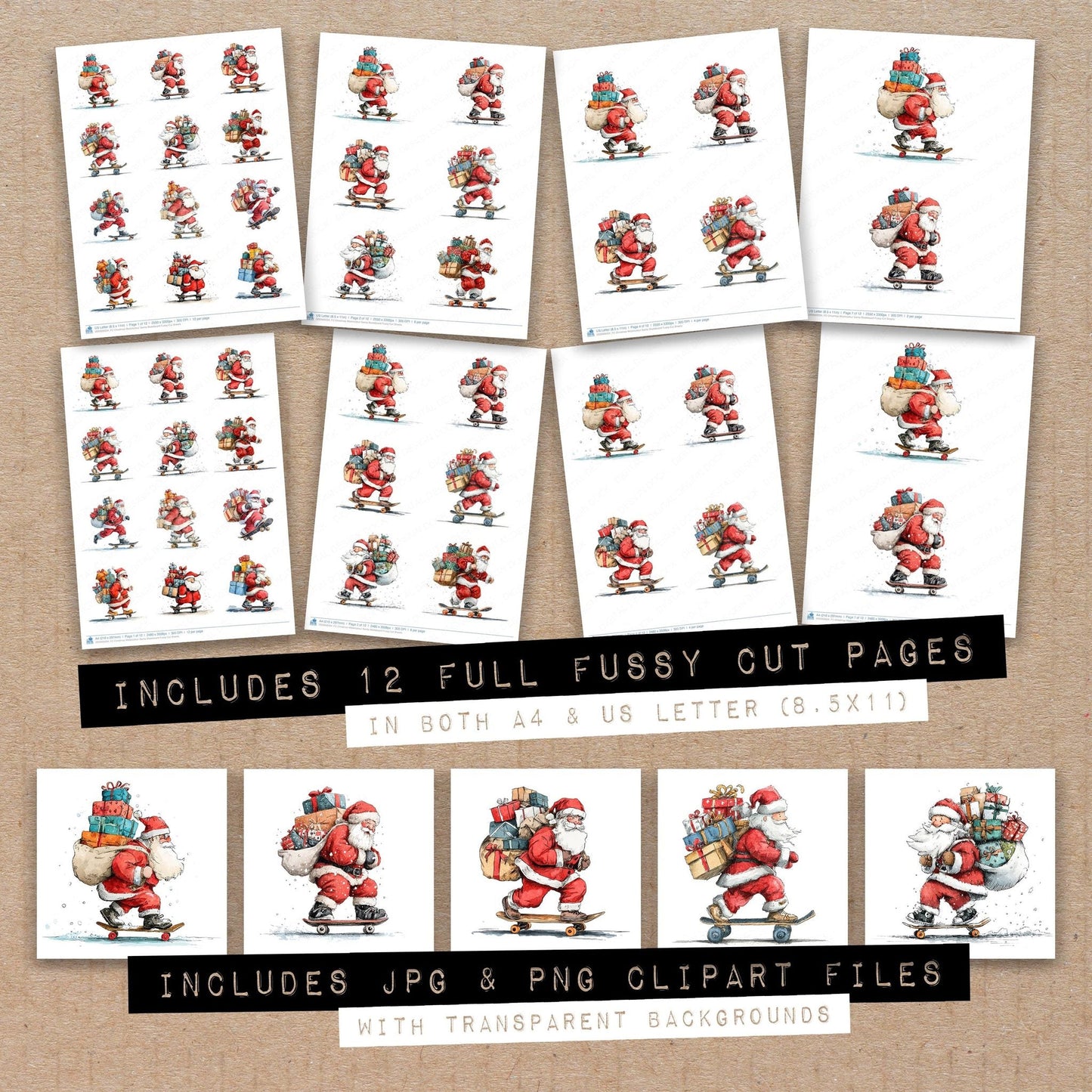Christmas Watercolour Santa Skateboard Fussy Cut Sheets (DDD009334)