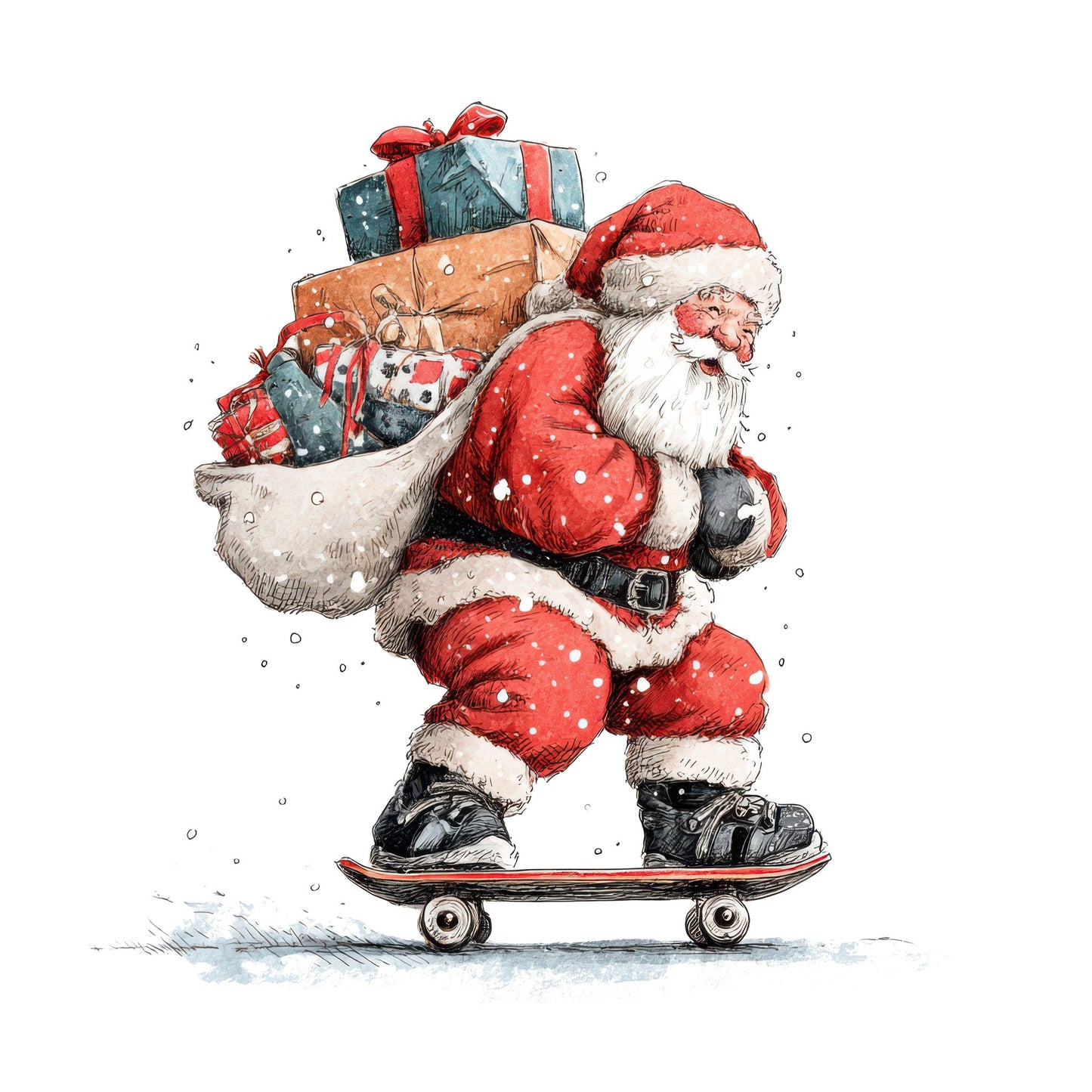 Christmas Watercolour Santa Skateboard Fussy Cut Sheets (DDD009334)
