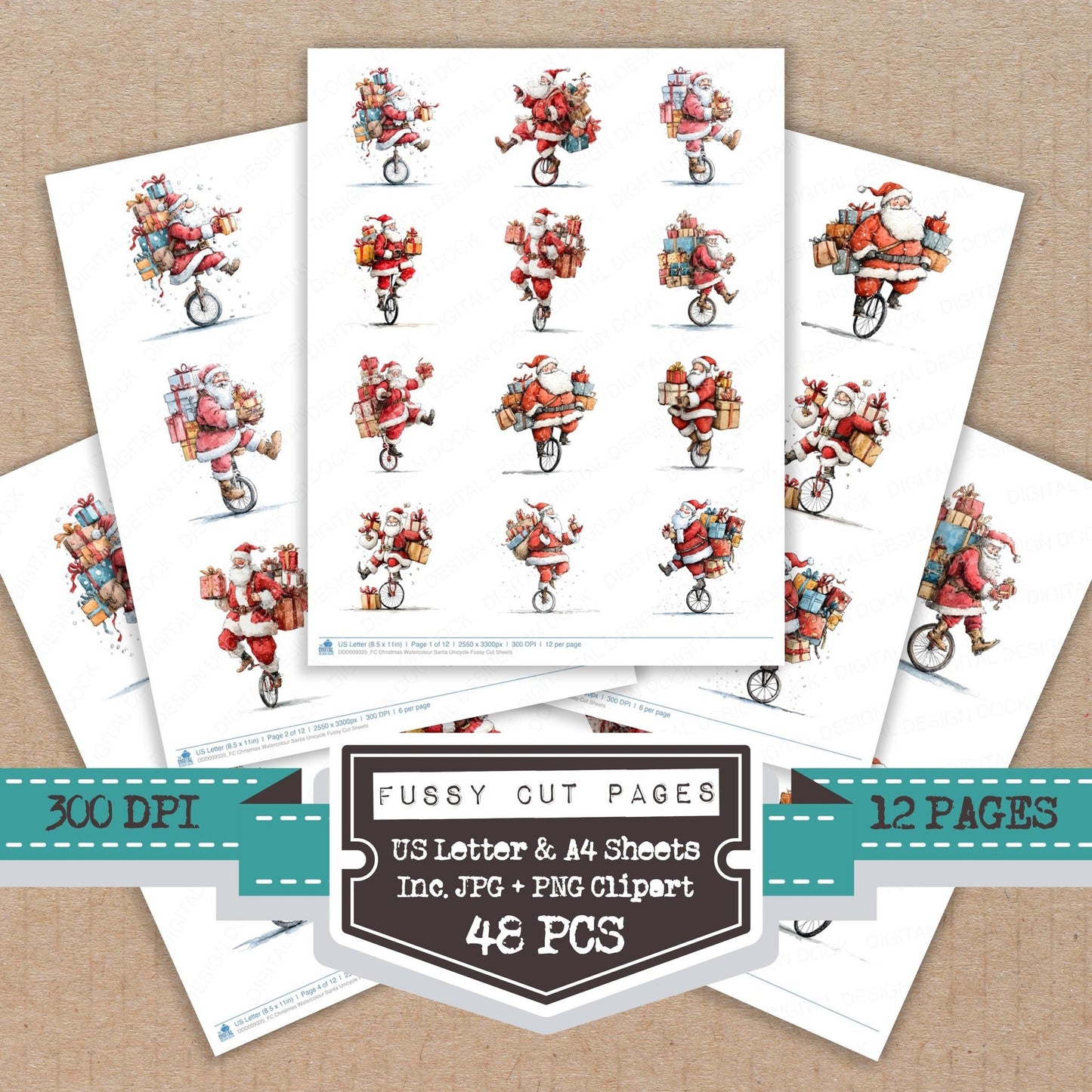 Christmas Watercolour Santa Unicycle Fussy Cut Sheets (DDD009335)