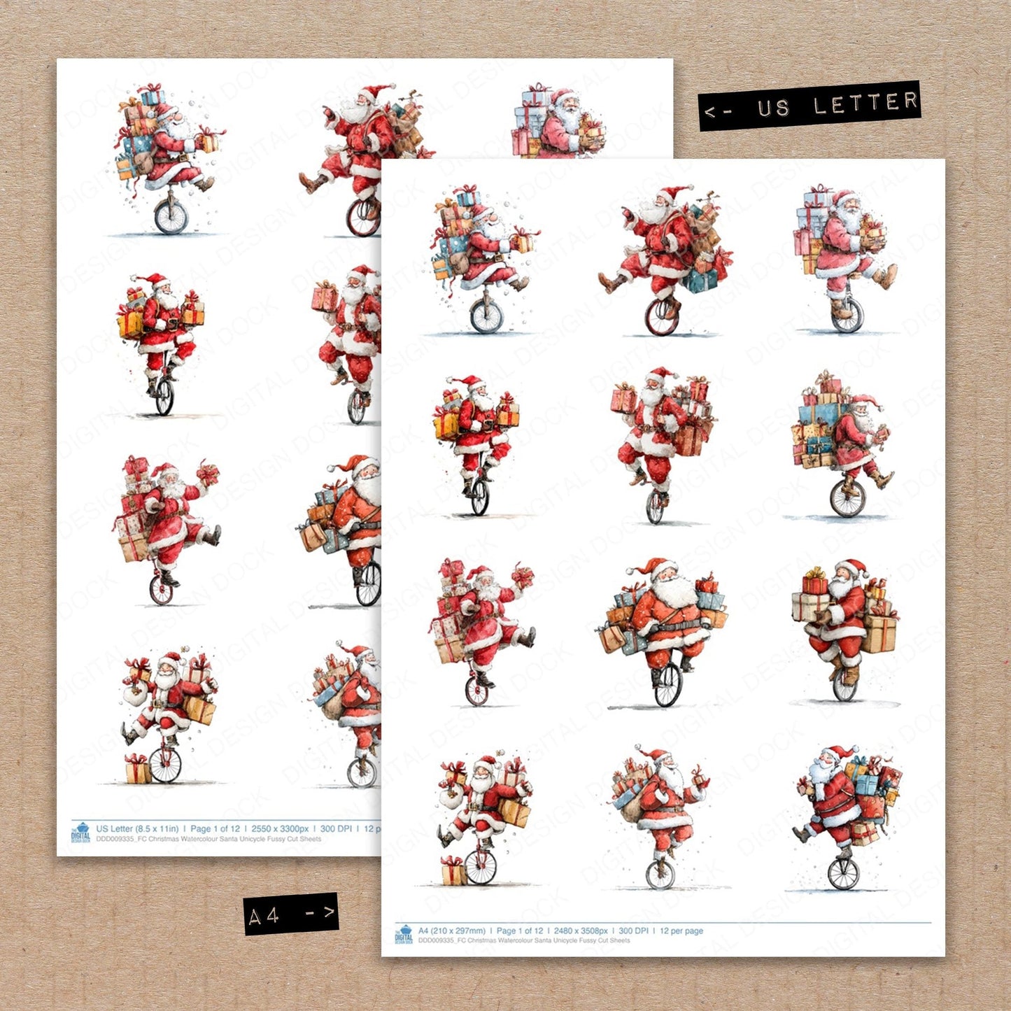 Christmas Watercolour Santa Unicycle Fussy Cut Sheets (DDD009335)