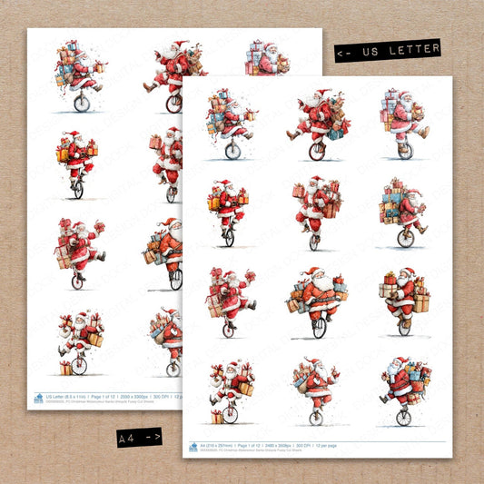 Christmas Watercolour Santa Unicycle Fussy Cut Sheets (DDD009335)