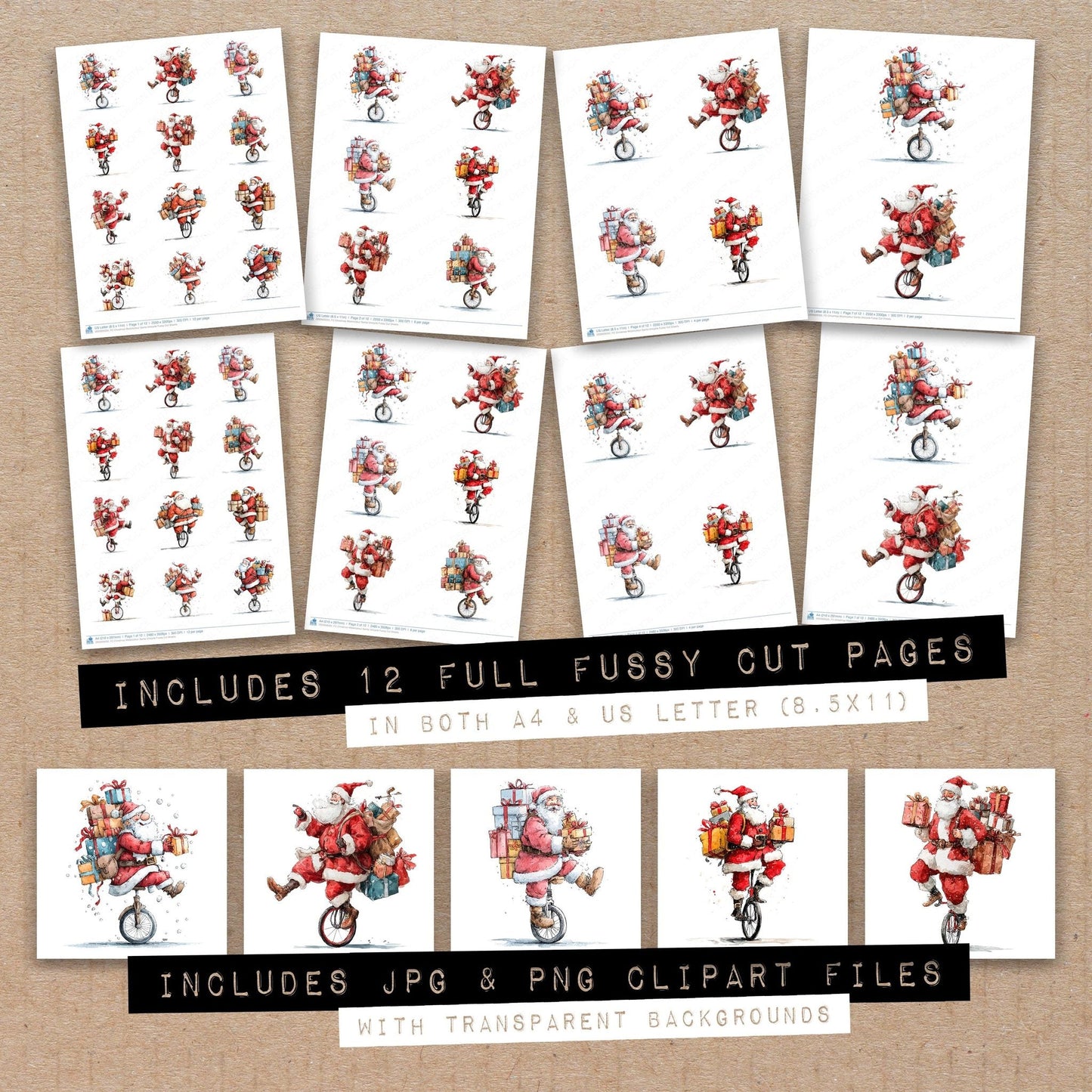 Christmas Watercolour Santa Unicycle Fussy Cut Sheets (DDD009335)