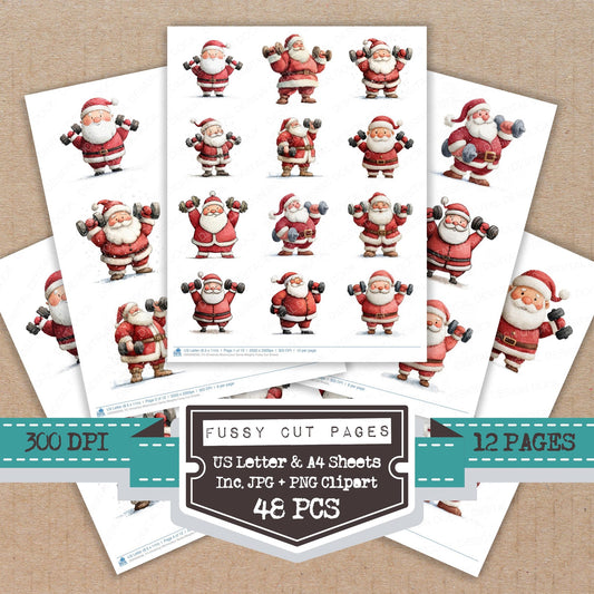 Christmas Watercolour Santa Weights fussy cut printable sheets for junk journaling, scrapbooking, and paper craft projects