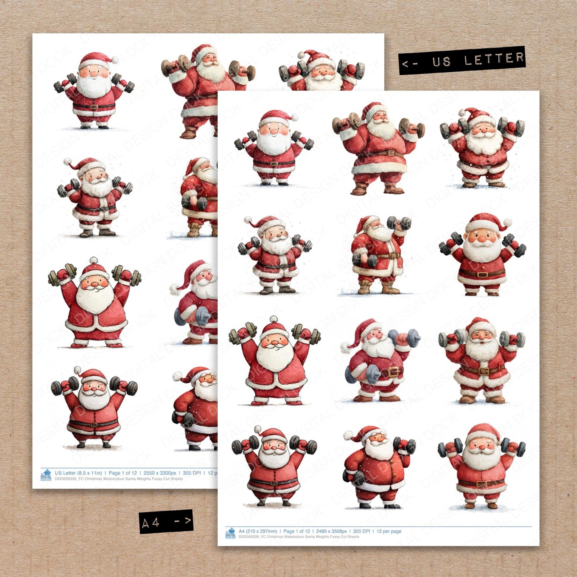 A4 and US Letter format comparison showing Christmas Watercolour Santa Weights fussy cut pages for print and cut crafting