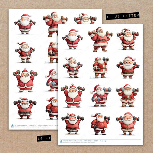 A4 and US Letter format comparison showing Christmas Watercolour Santa Weights fussy cut pages for print and cut crafting