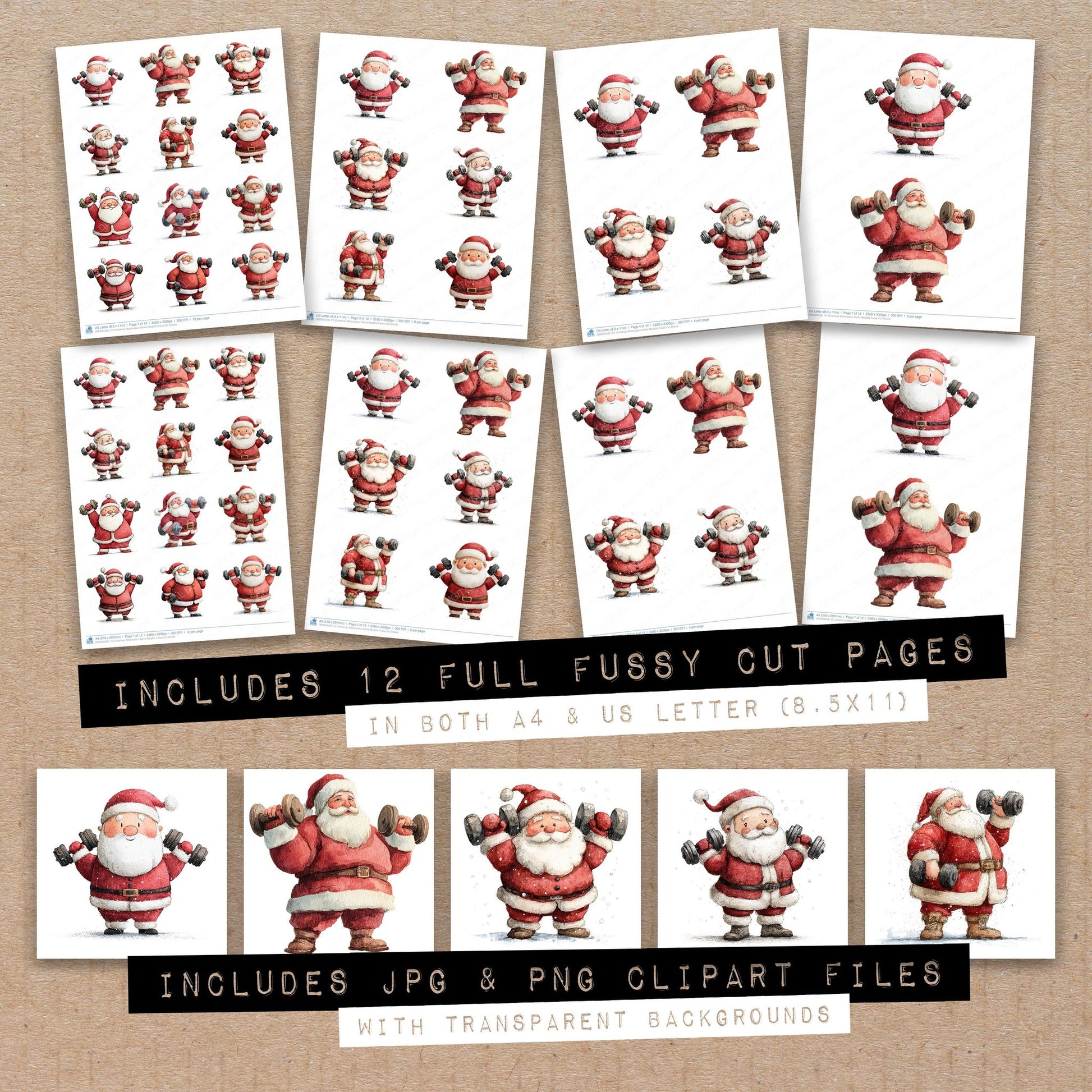 Full collection view of Christmas Watercolour Santa Weights fussy cut sheets with bonus clipart JPG and PNG files