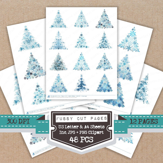 Christmas Watercolour Snowflake Tree Fussy Cut Sheets (DDD009337)