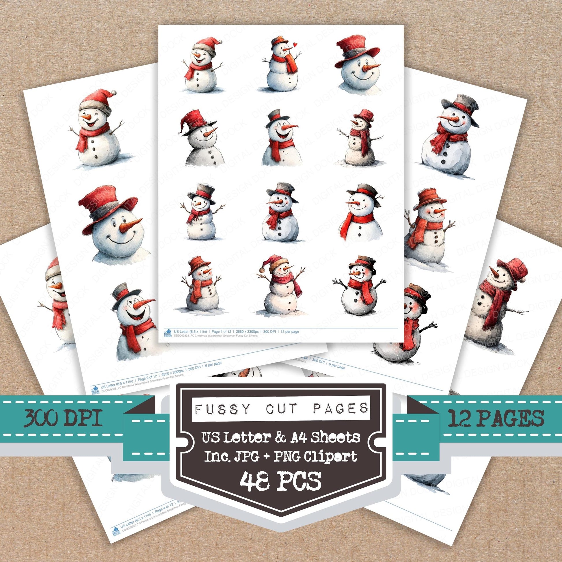 Christmas Watercolour Snowman fussy cut printable sheets for junk journaling, scrapbooking, and paper craft projects