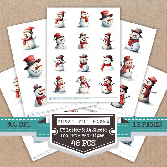 Christmas Watercolour Snowman fussy cut printable sheets for junk journaling, scrapbooking, and paper craft projects