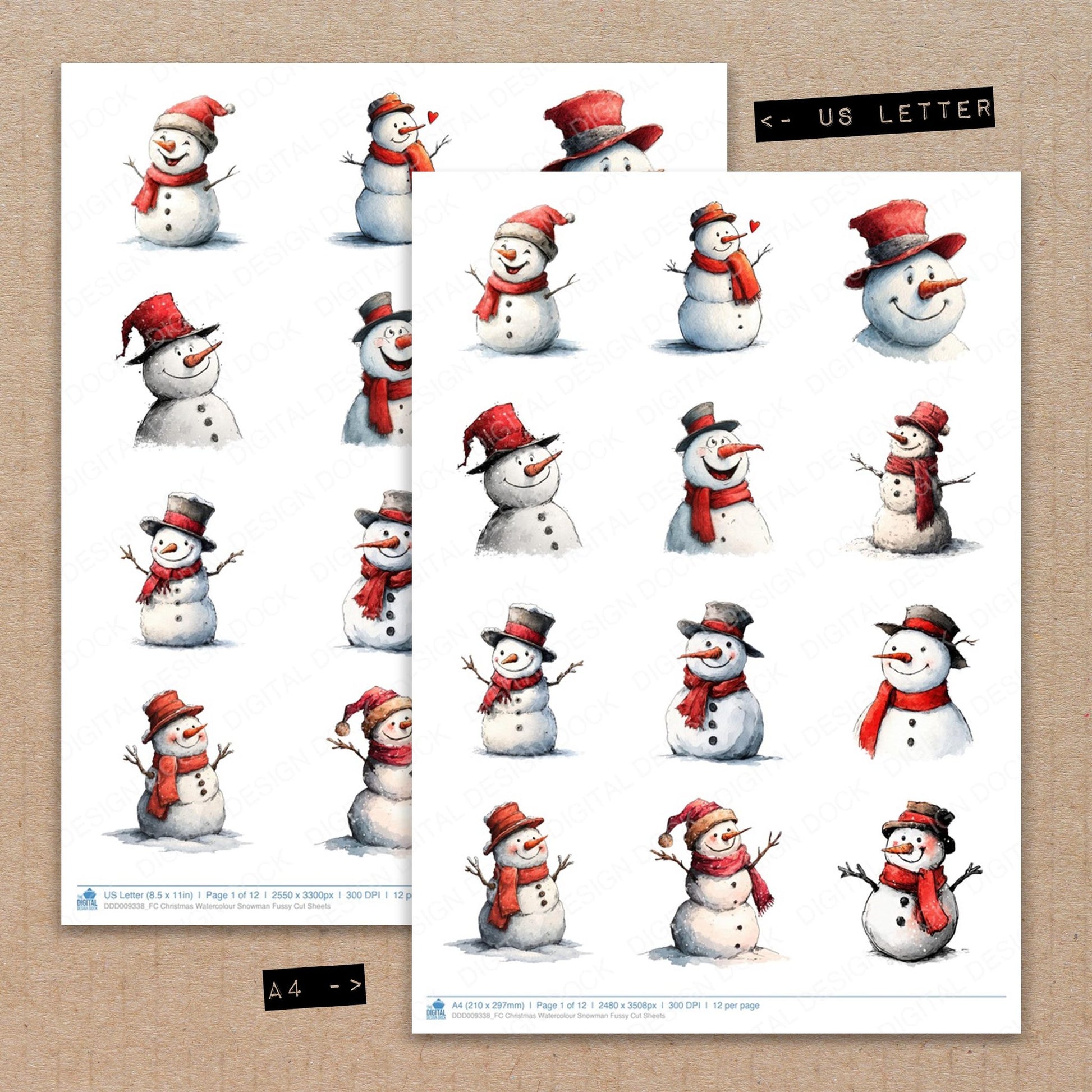 A4 and US Letter format comparison showing Christmas Watercolour Snowman fussy cut pages for print and cut crafting