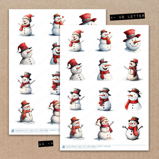 A4 and US Letter format comparison showing Christmas Watercolour Snowman fussy cut pages for print and cut crafting