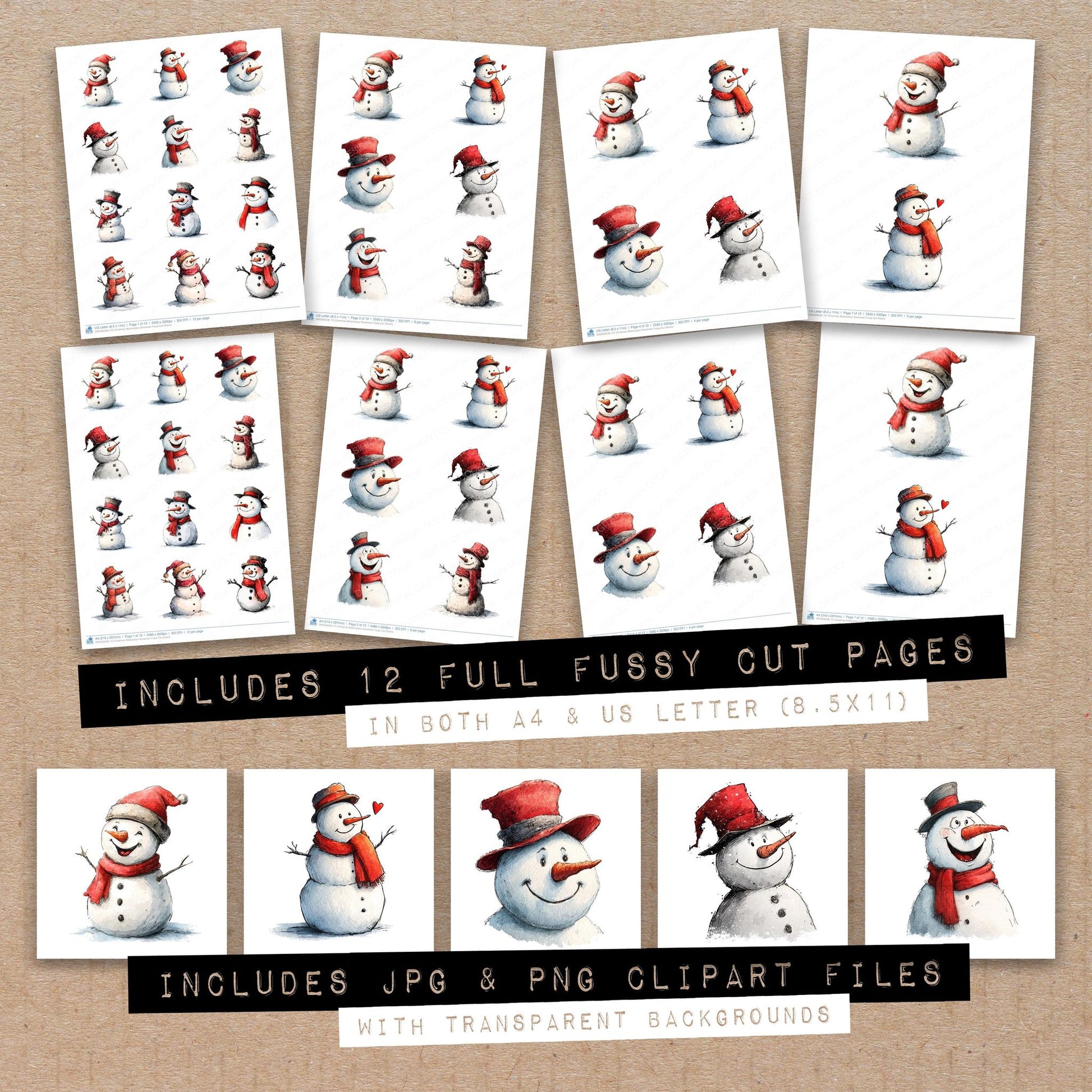 Full collection view of Christmas Watercolour Snowman fussy cut sheets with bonus clipart JPG and PNG files