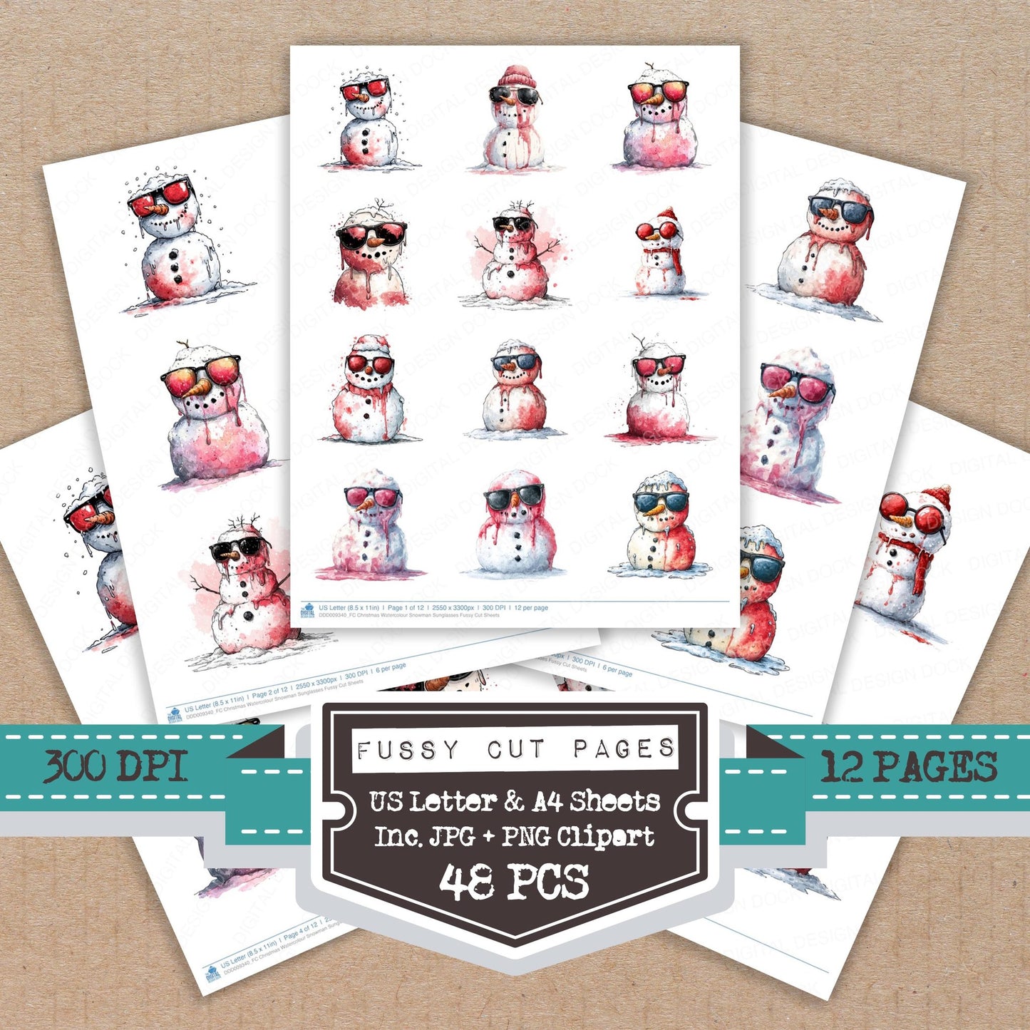 Christmas Watercolour Snowman Sunglasses fussy cut printable sheets for junk journaling, scrapbooking, and paper craft projects