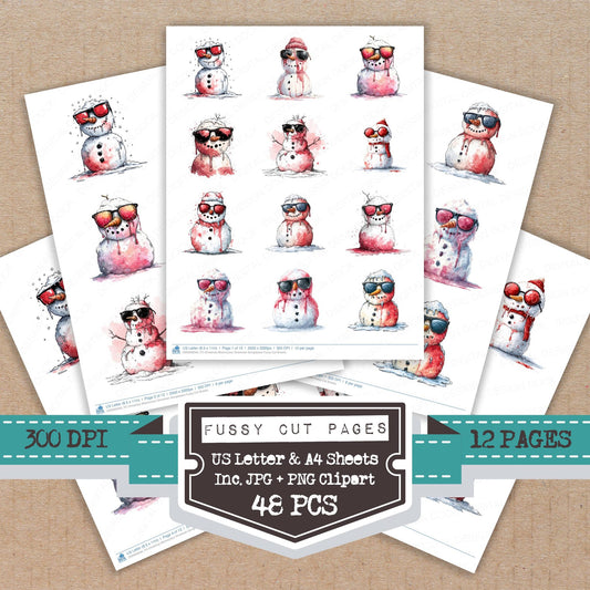 Christmas Watercolour Snowman Sunglasses fussy cut printable sheets for junk journaling, scrapbooking, and paper craft projects
