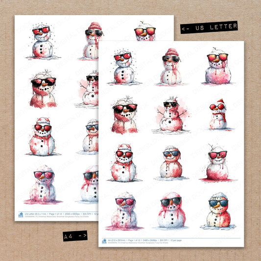A4 and US Letter format comparison showing Christmas Watercolour Snowman Sunglasses fussy cut pages for print and cut crafting