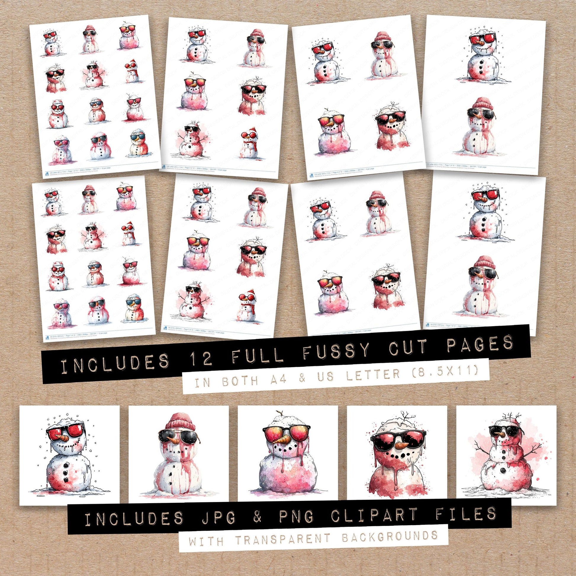 Full collection view of Christmas Watercolour Snowman Sunglasses fussy cut sheets with bonus clipart JPG and PNG files