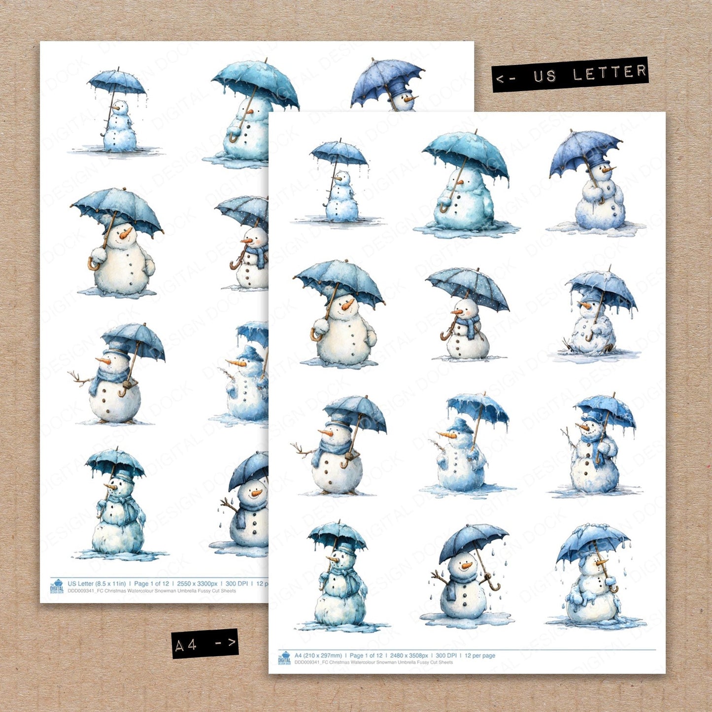 Christmas Watercolour Snowman Umbrella Fussy Cut Sheets (DDD009341)
