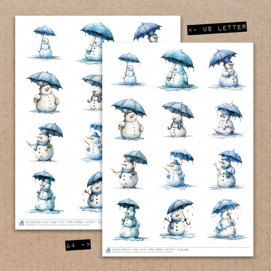 Christmas Watercolour Snowman Umbrella Fussy Cut Sheets (DDD009341)