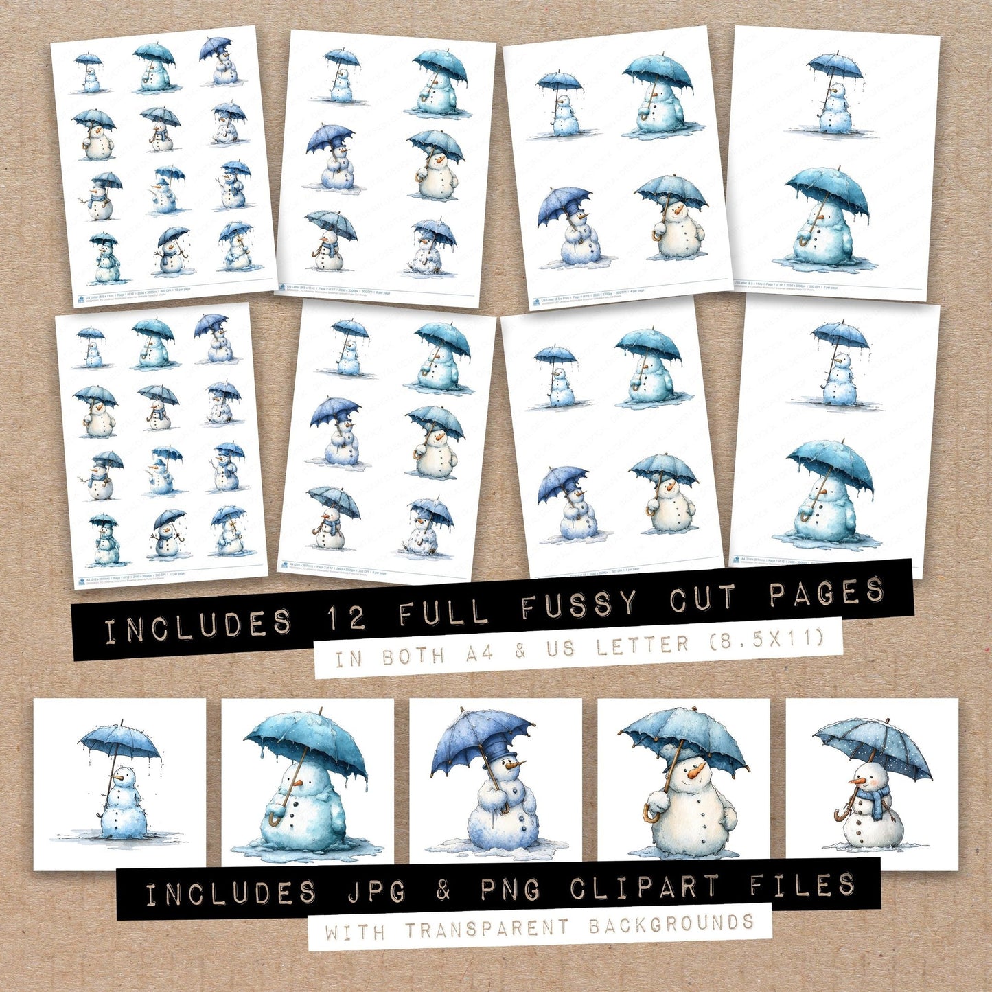 Christmas Watercolour Snowman Umbrella Fussy Cut Sheets (DDD009341)