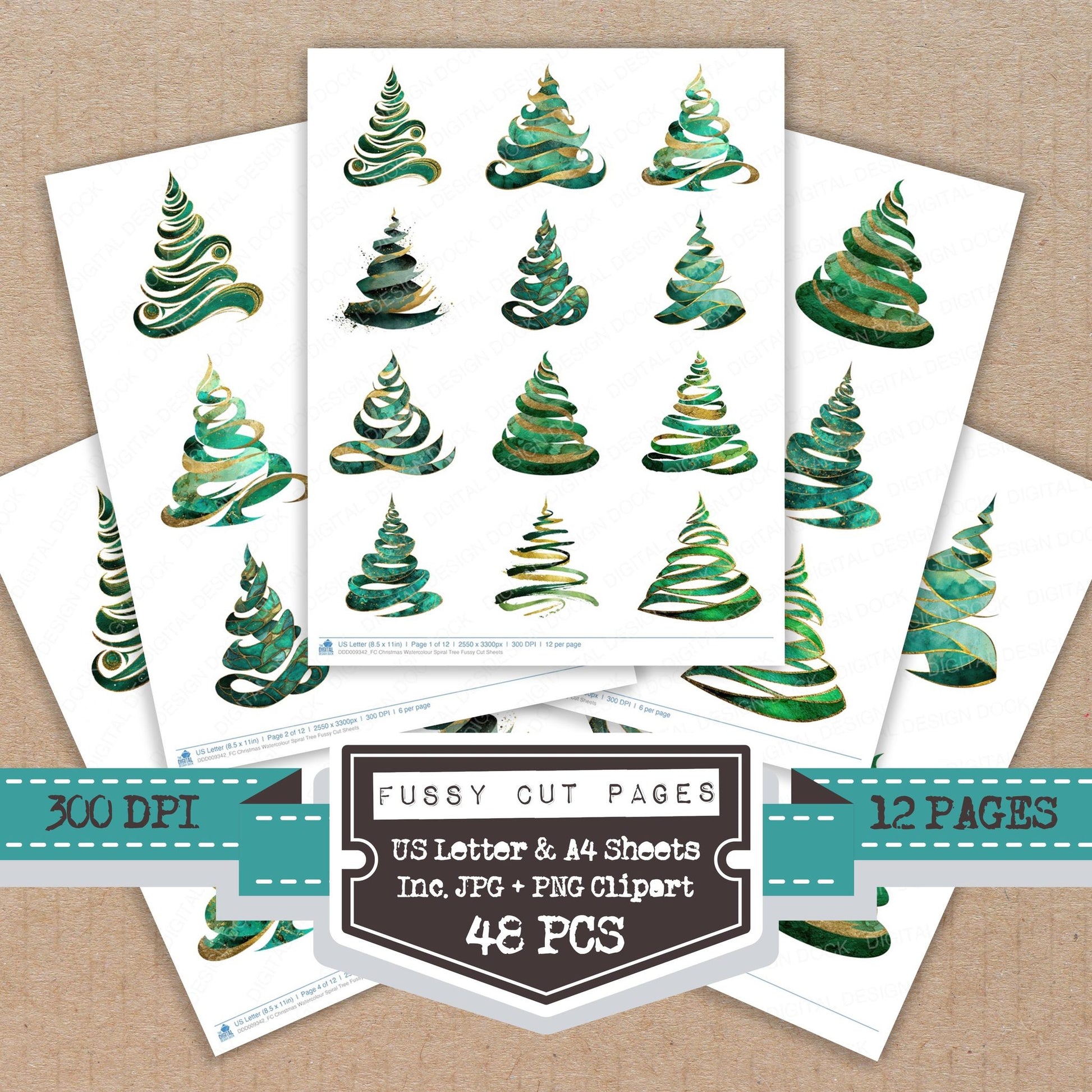 Christmas Watercolour Spiral Tree fussy cut printable sheets for junk journaling, scrapbooking, and paper craft projects