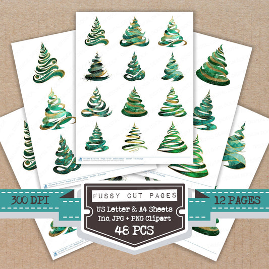 Christmas Watercolour Spiral Tree fussy cut printable sheets for junk journaling, scrapbooking, and paper craft projects