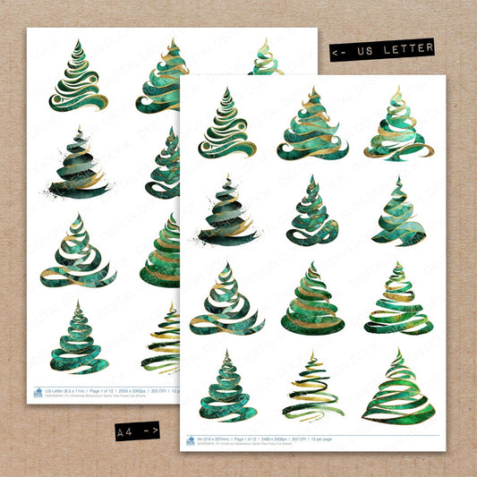A4 and US Letter format comparison showing Christmas Watercolour Spiral Tree fussy cut pages for print and cut crafting