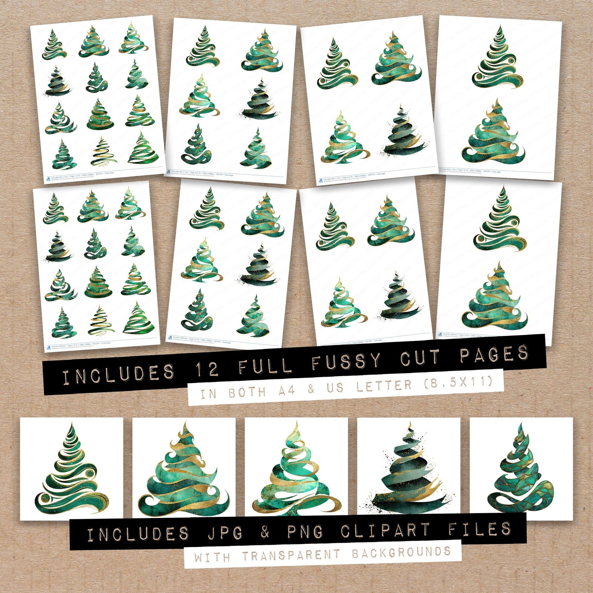 Full collection view of Christmas Watercolour Spiral Tree fussy cut sheets with bonus clipart JPG and PNG files