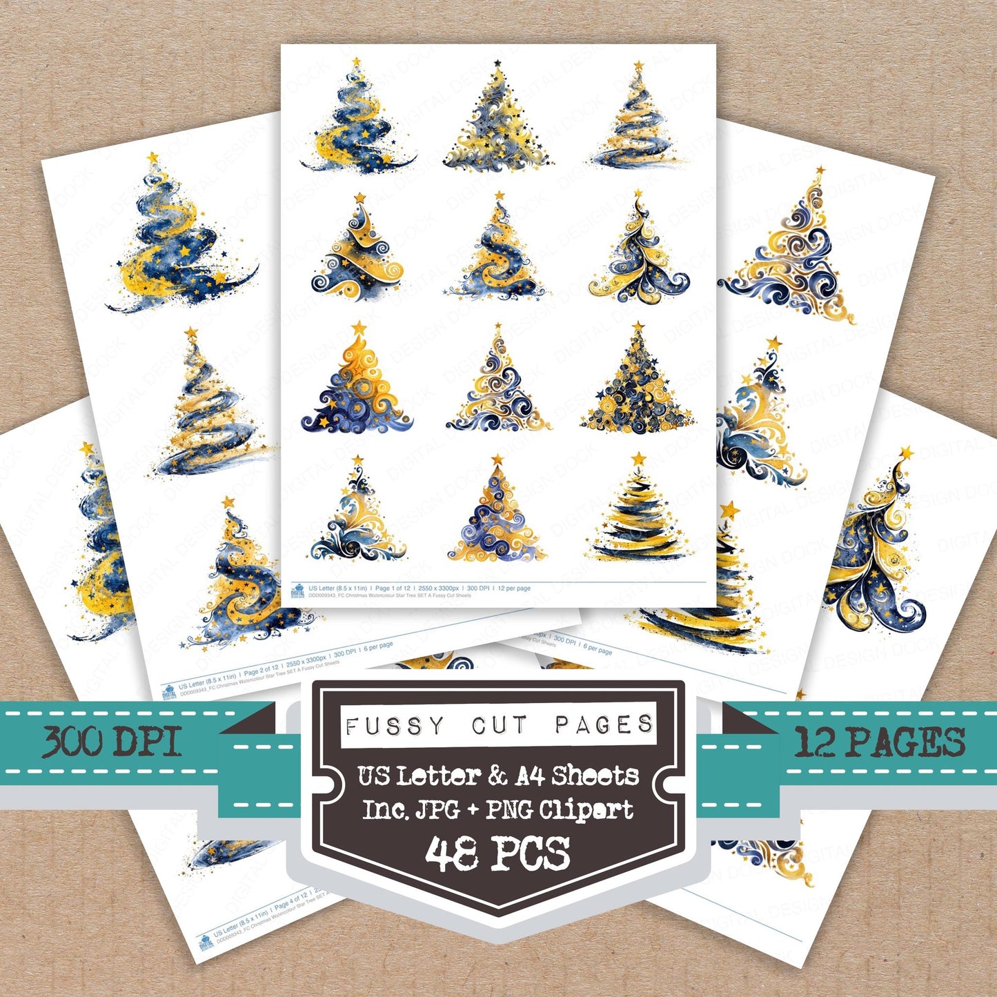 Christmas Watercolour Star Tree A fussy cut printable sheets for junk journaling, scrapbooking, and paper craft projects