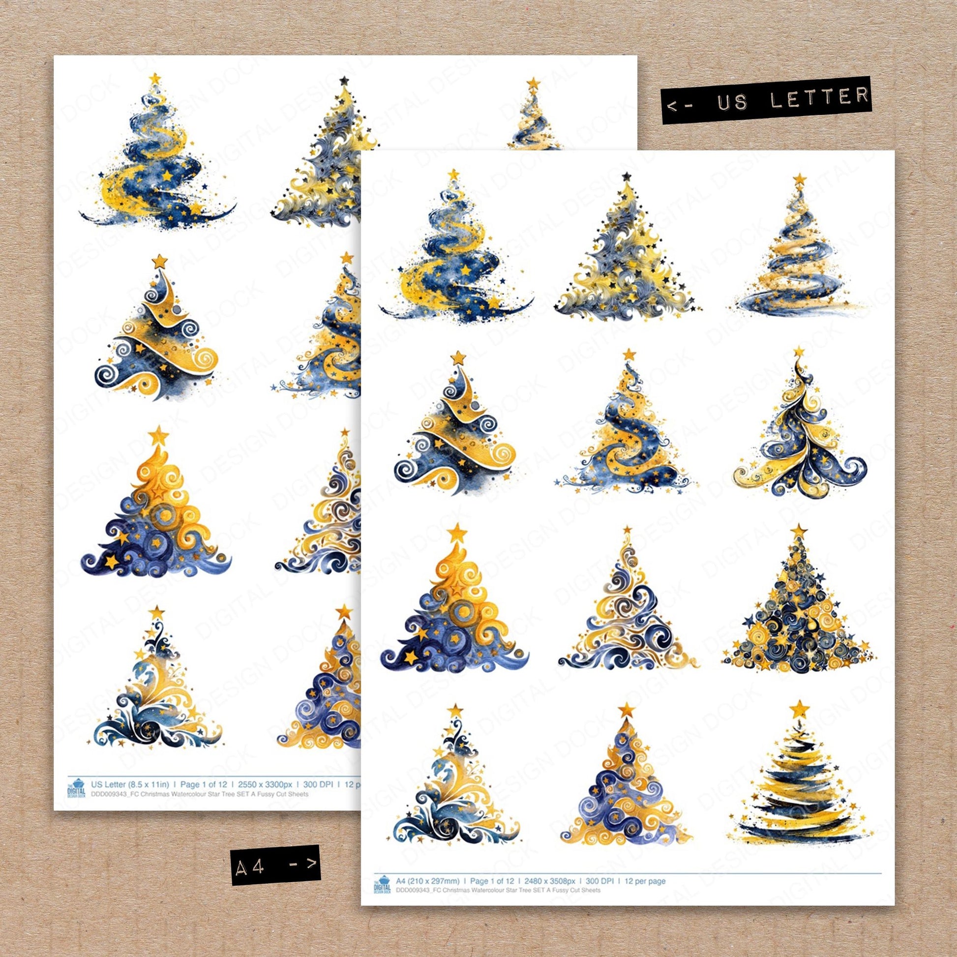 A4 and US Letter format comparison showing Christmas Watercolour Star Tree A fussy cut pages for print and cut crafting