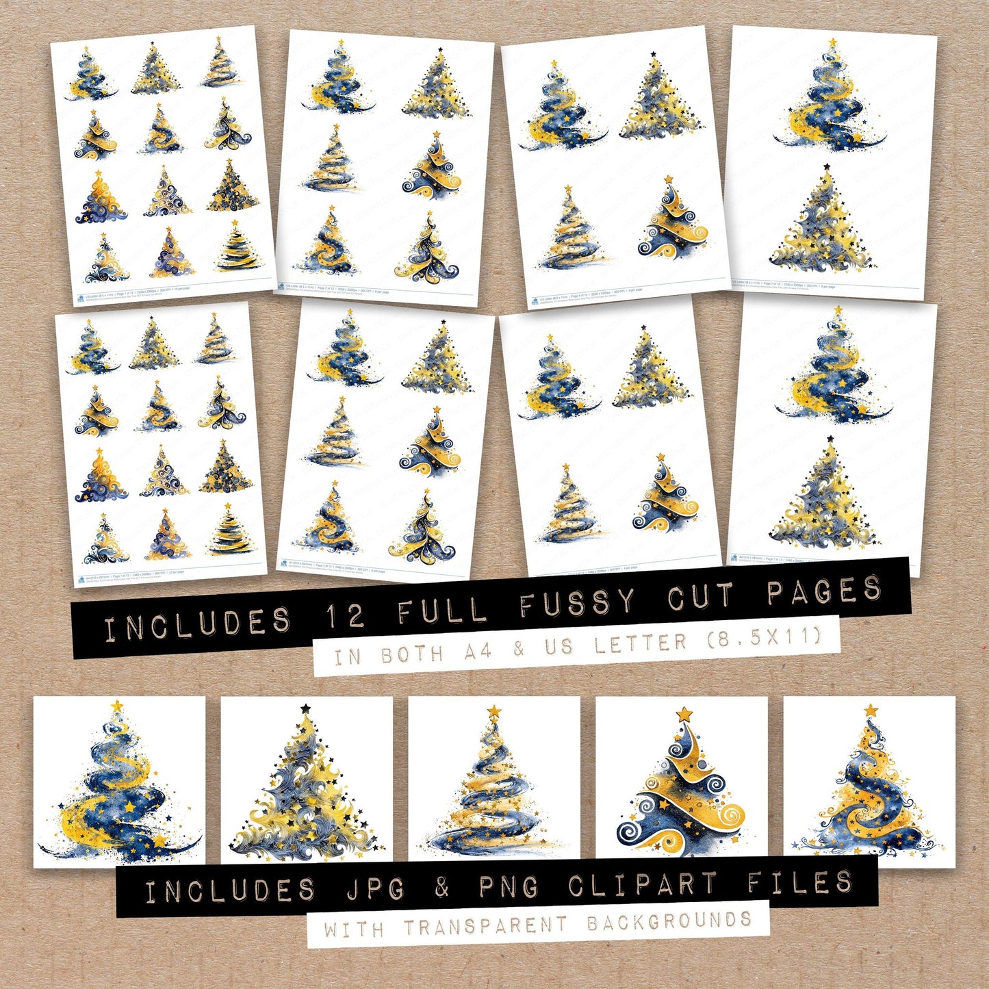 Full collection view of Christmas Watercolour Star Tree A fussy cut sheets with bonus clipart JPG and PNG files