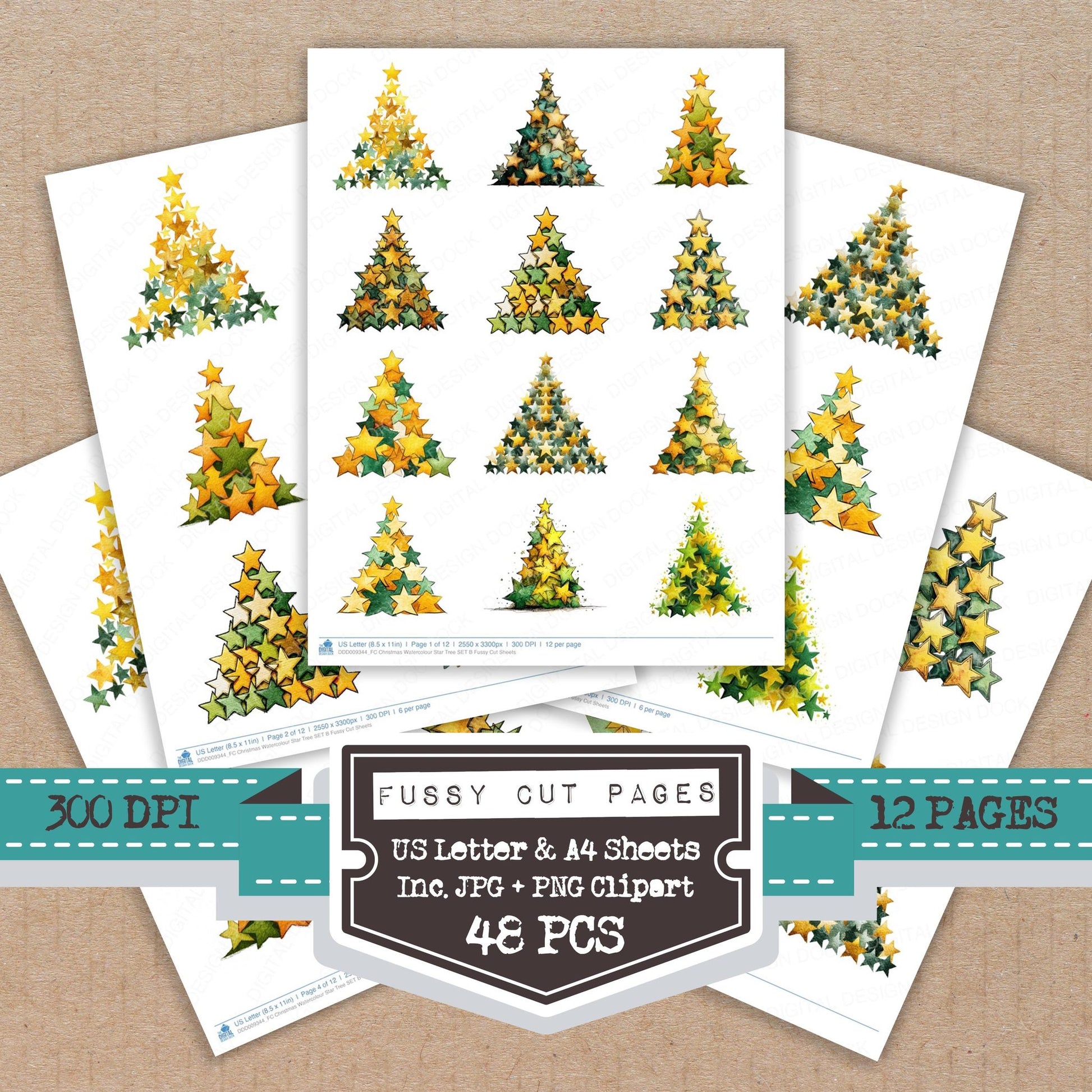 Christmas Watercolour Star Tree B fussy cut printable sheets for junk journaling, scrapbooking, and paper craft projects