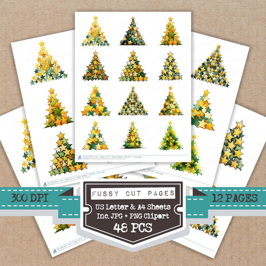 Christmas Watercolour Star Tree B fussy cut printable sheets for junk journaling, scrapbooking, and paper craft projects