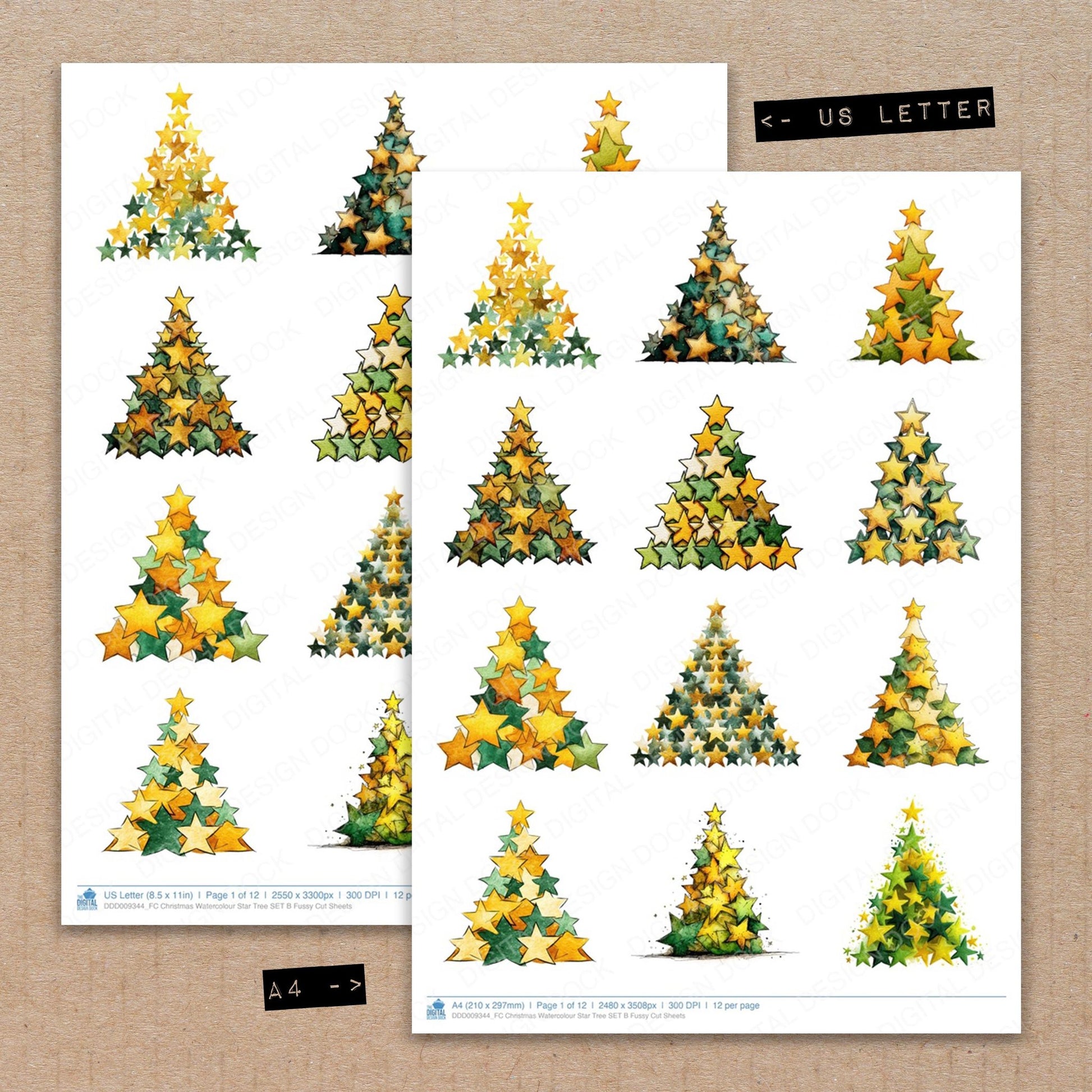 A4 and US Letter format comparison showing Christmas Watercolour Star Tree B fussy cut pages for print and cut crafting