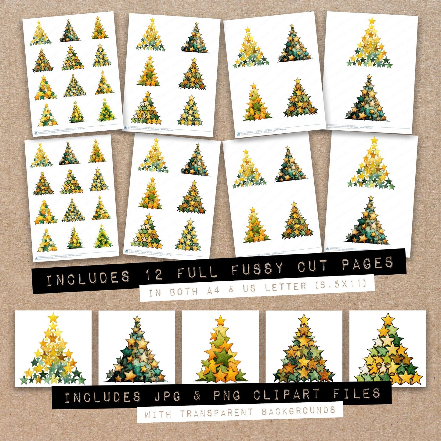 Full collection view of Christmas Watercolour Star Tree B fussy cut sheets with bonus clipart JPG and PNG files