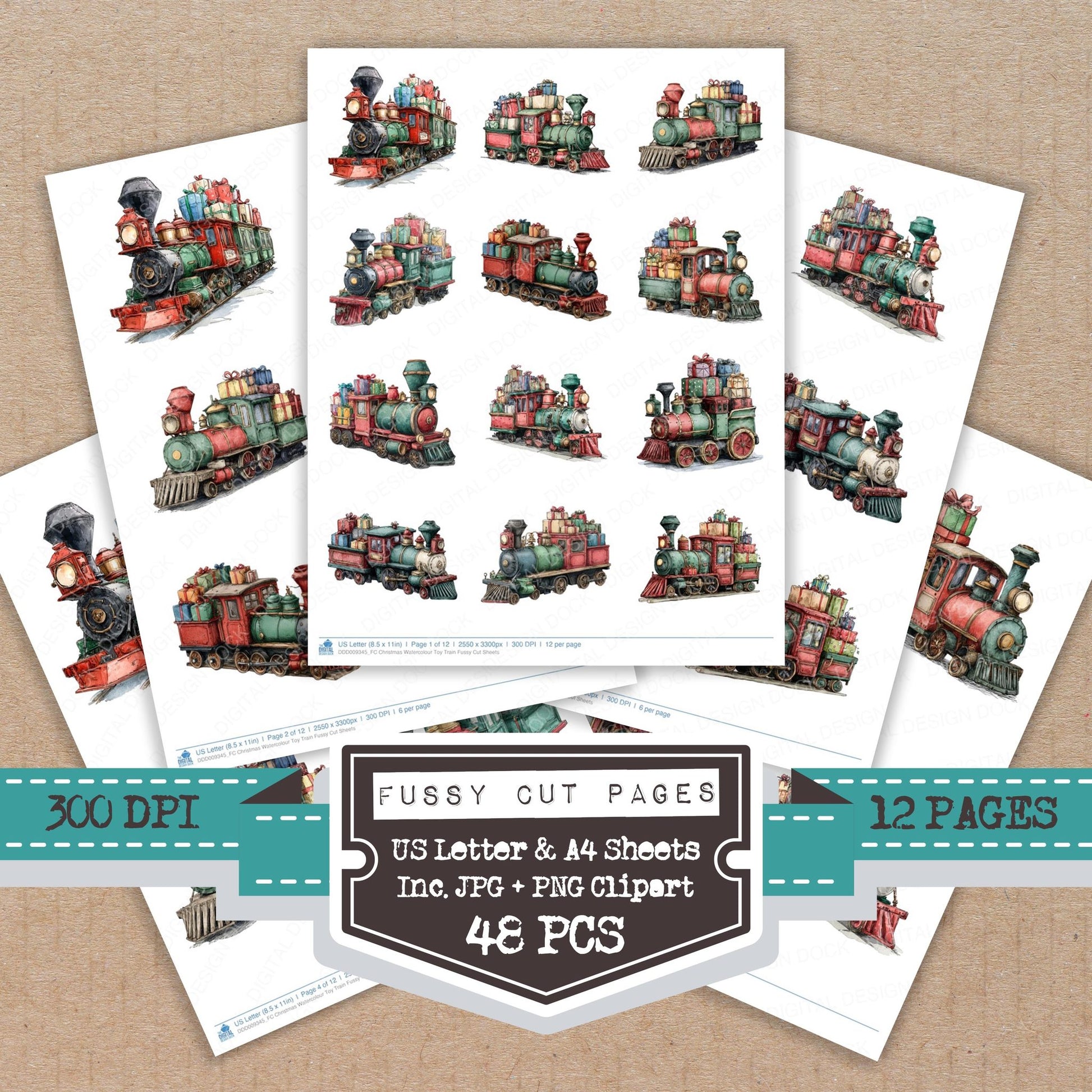 Christmas Watercolour Toy Train fussy cut printable sheets for junk journaling, scrapbooking, and paper craft projects