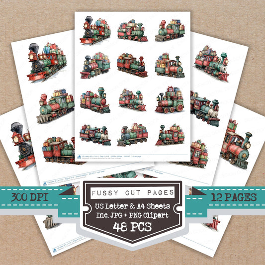 Christmas Watercolour Toy Train fussy cut printable sheets for junk journaling, scrapbooking, and paper craft projects