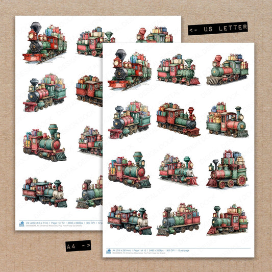 A4 and US Letter format comparison showing Christmas Watercolour Toy Train fussy cut pages for print and cut crafting