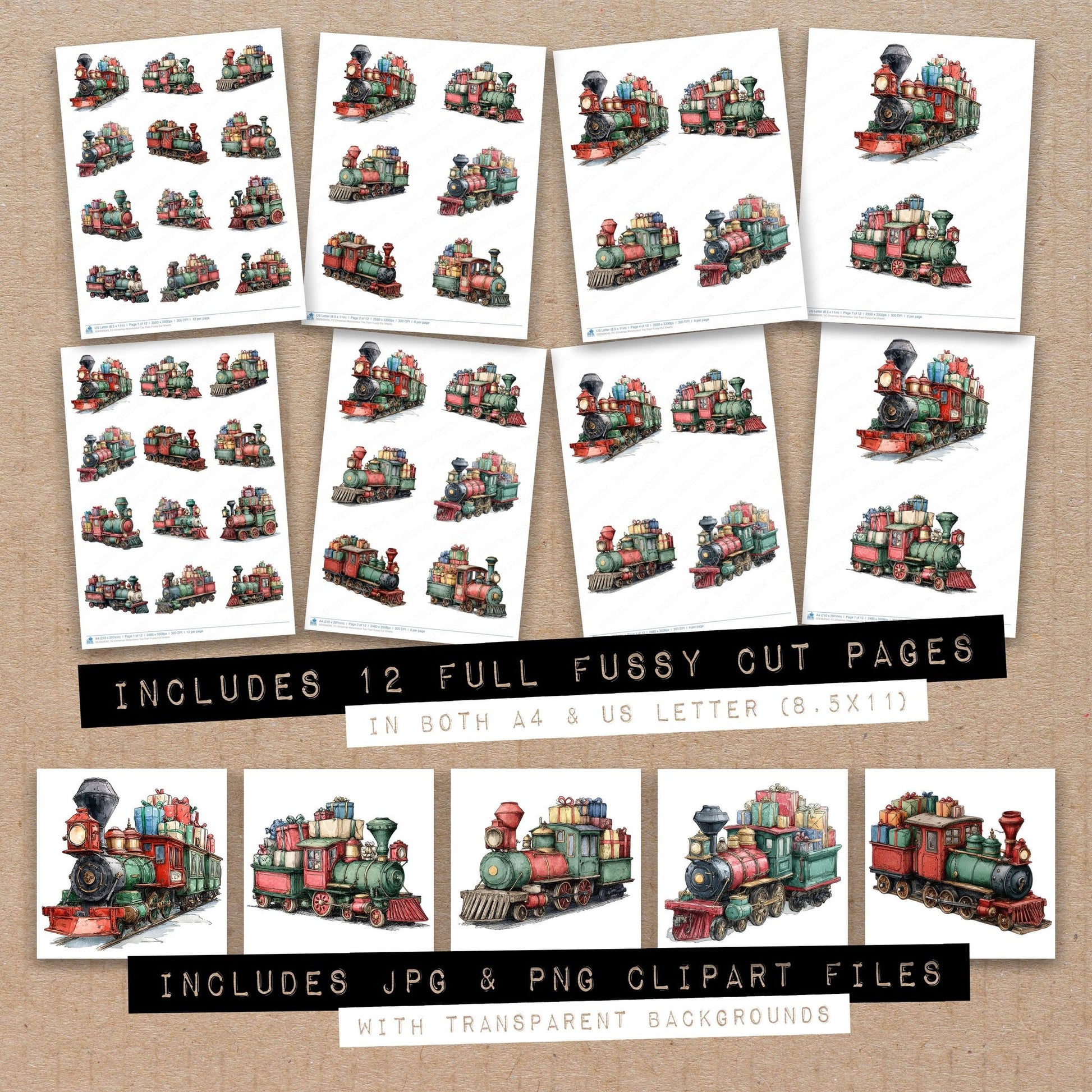 Full collection view of Christmas Watercolour Toy Train fussy cut sheets with bonus clipart JPG and PNG files
