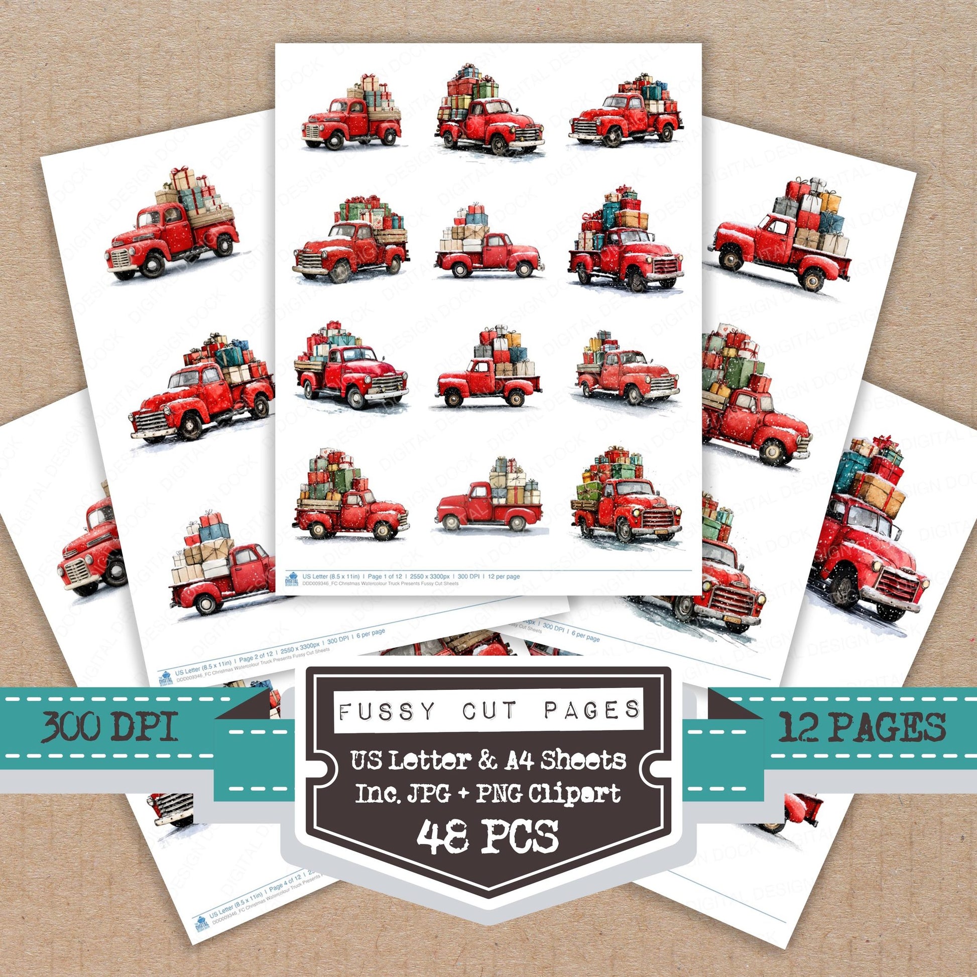 Christmas Watercolour Truck Presents fussy cut printable sheets for junk journaling, scrapbooking, and paper craft projects