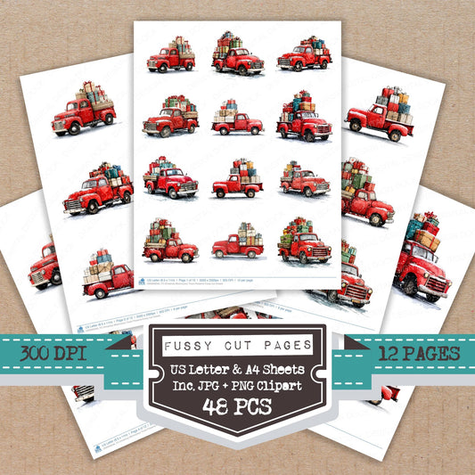 Christmas Watercolour Truck Presents fussy cut printable sheets for junk journaling, scrapbooking, and paper craft projects