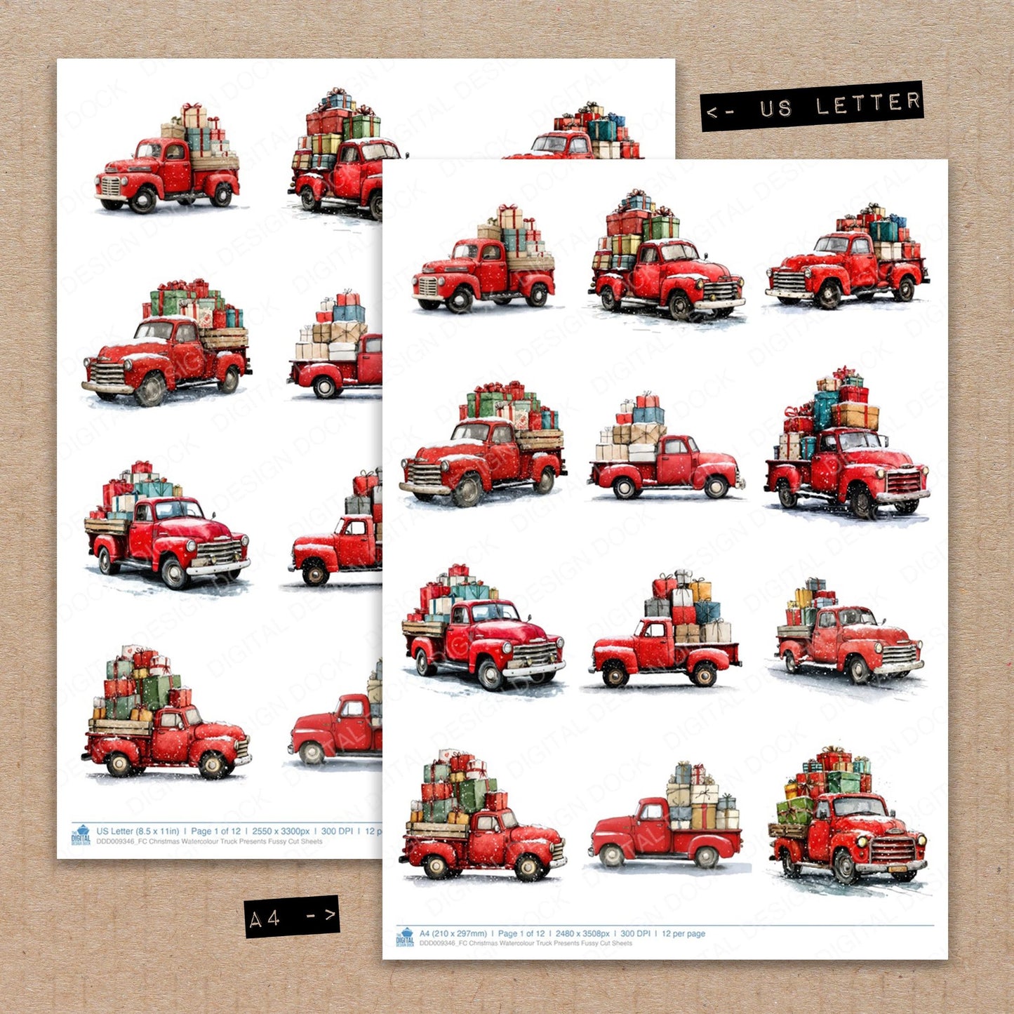 A4 and US Letter format comparison showing Christmas Watercolour Truck Presents fussy cut pages for print and cut crafting