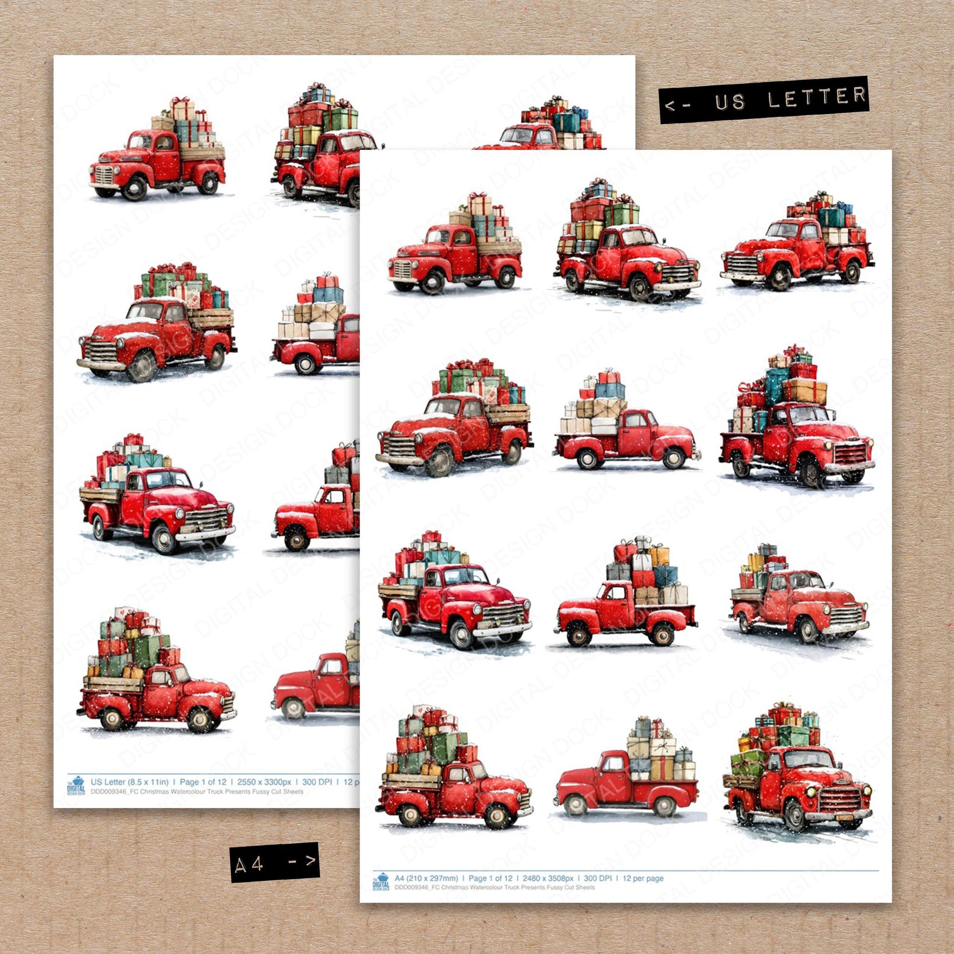 A4 and US Letter format comparison showing Christmas Watercolour Truck Presents fussy cut pages for print and cut crafting