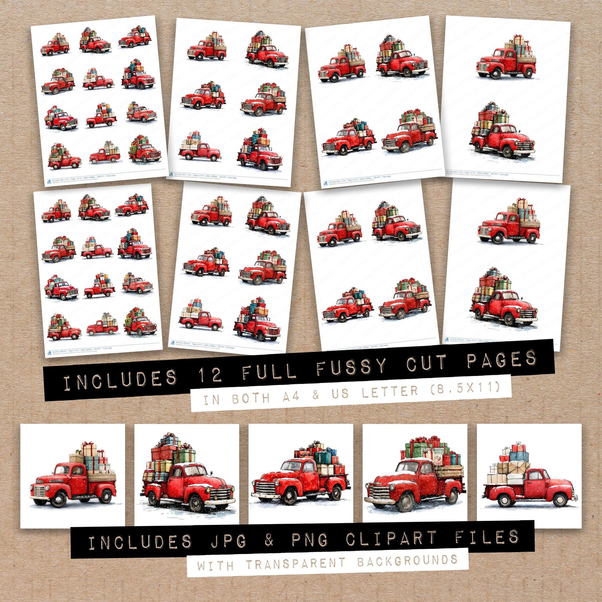 Full collection view of Christmas Watercolour Truck Presents fussy cut sheets with bonus clipart JPG and PNG files