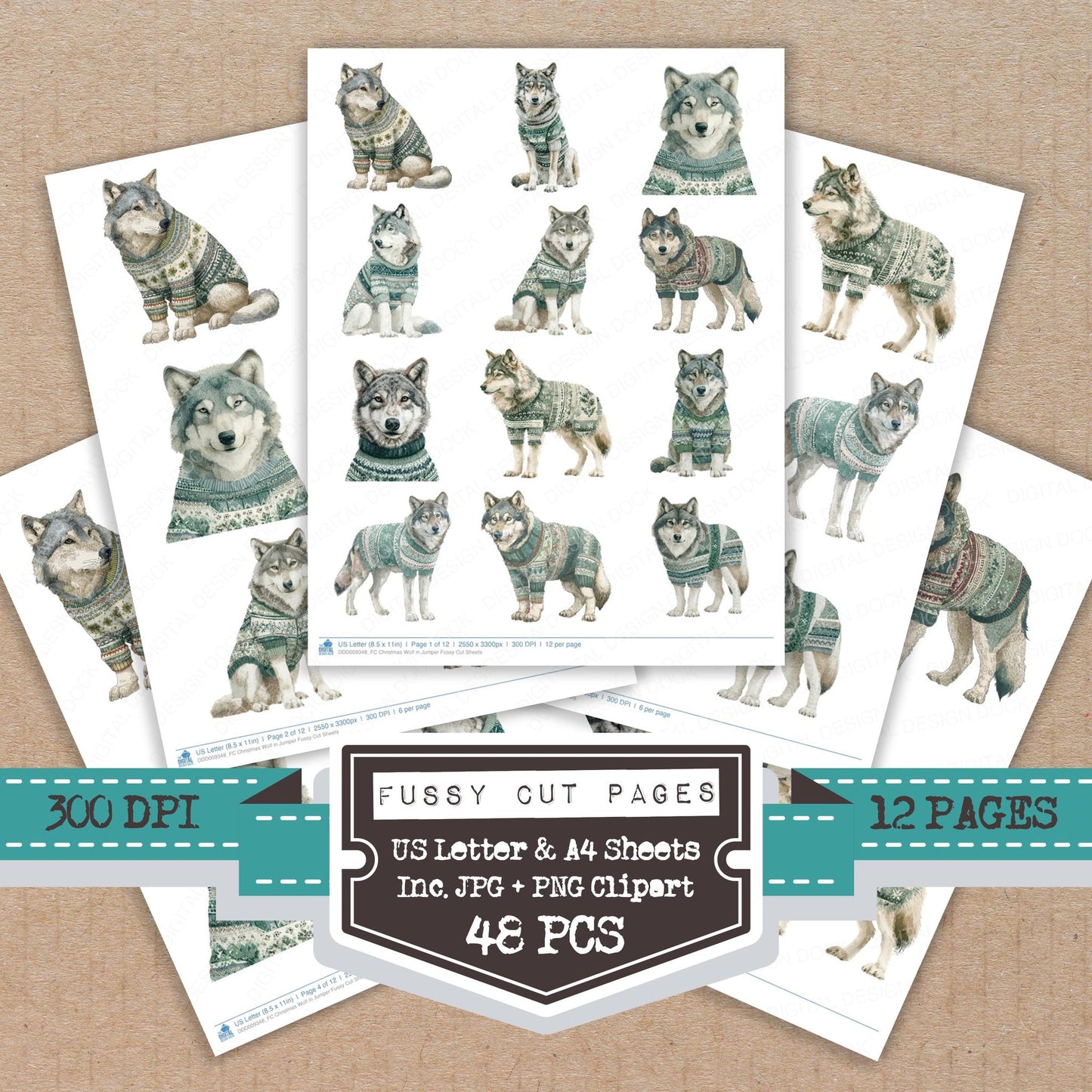 Christmas Wolf in Jumper fussy cut printable sheets for junk journaling, scrapbooking, and paper craft projects