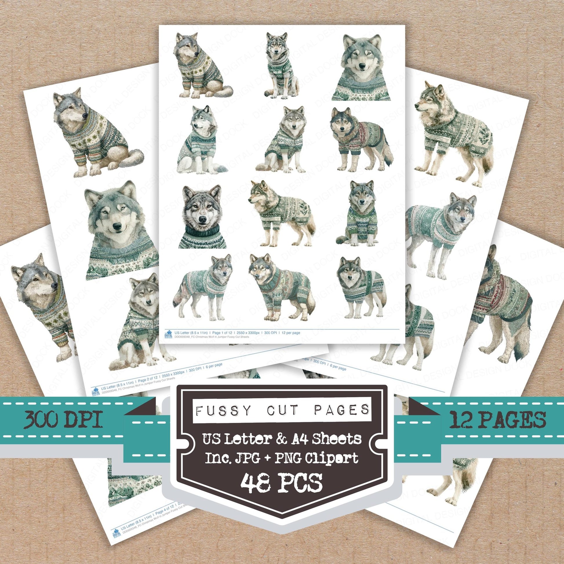 Christmas Wolf in Jumper fussy cut printable sheets for junk journaling, scrapbooking, and paper craft projects