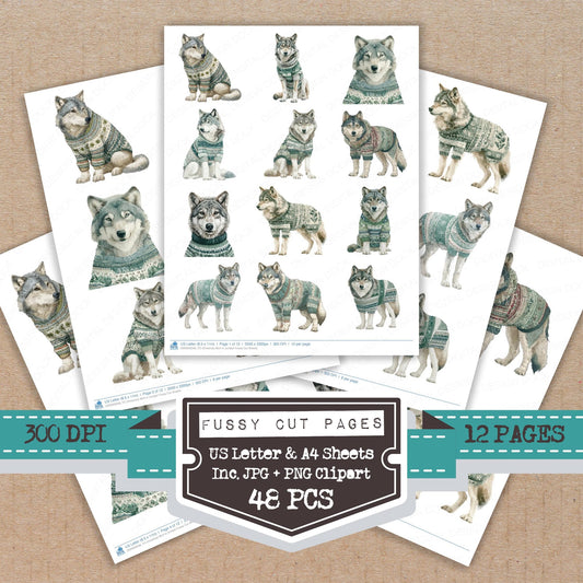 Christmas Wolf in Jumper fussy cut printable sheets for junk journaling, scrapbooking, and paper craft projects